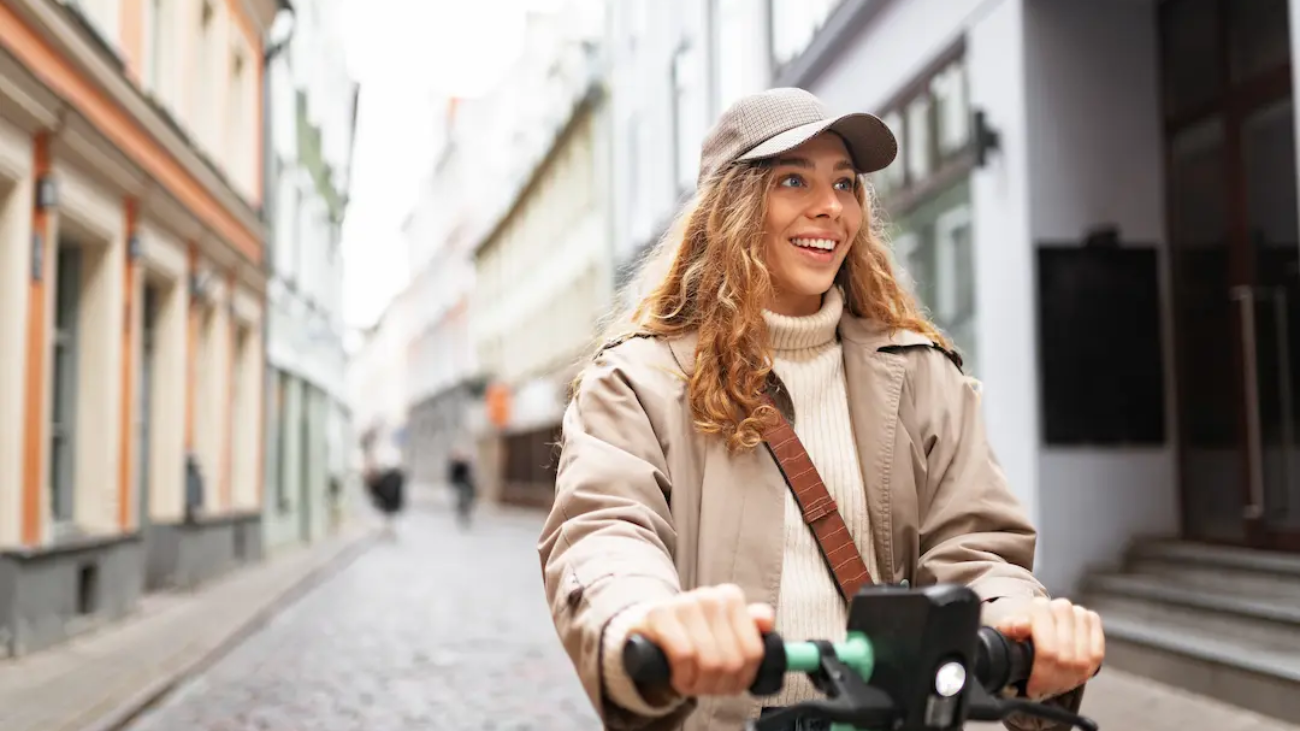 Frau fährt lächelnd E-Scooter durch eine Stadtstraße