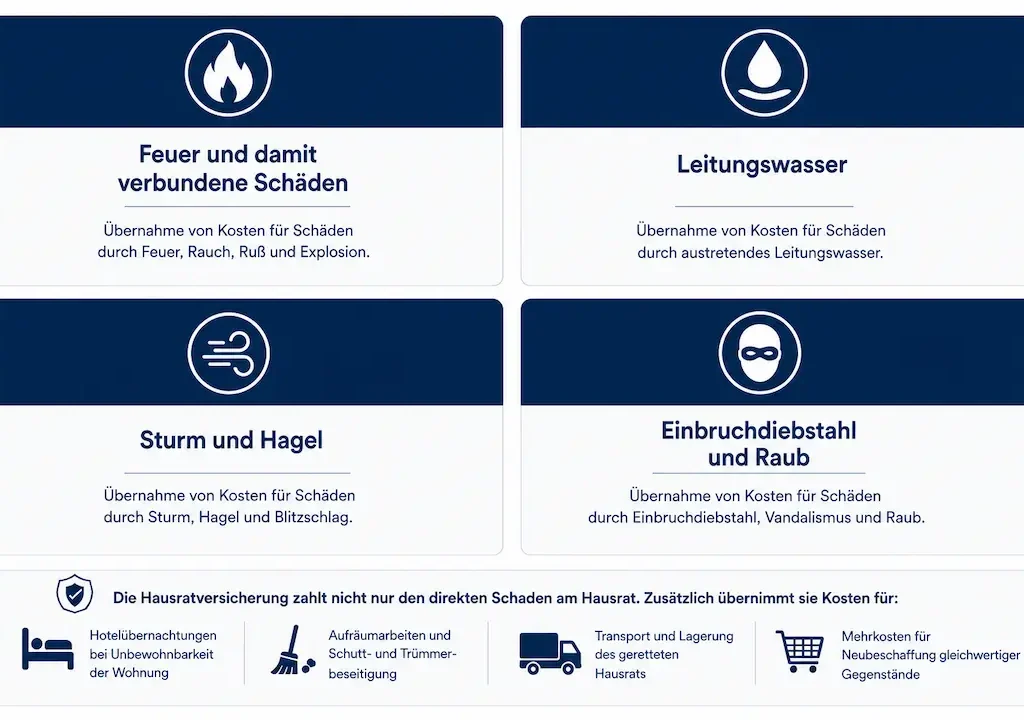 Übersicht zu Leistungen einer Hausratversicherung mit Symbolen für Feuer, Wasser, Sturm und Einbruch.